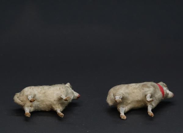 2 tiny German sheep, putz wooly, wood legs, compo body ~ 1920