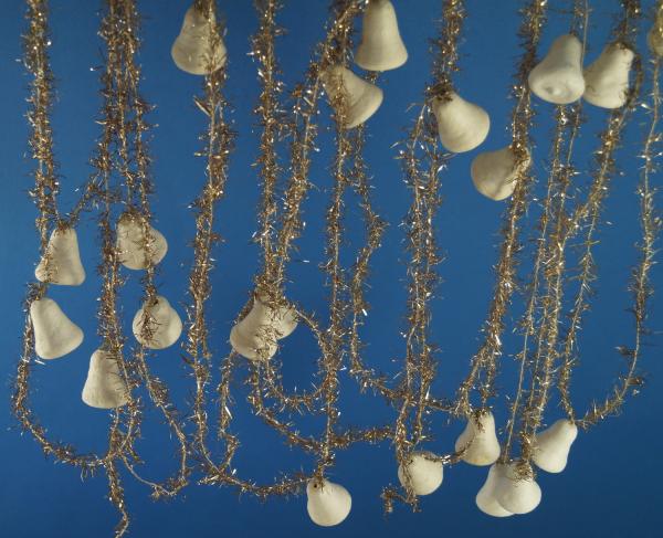 Gold colored tinsel garlands with spun cotton bells,  ca. 560 cm