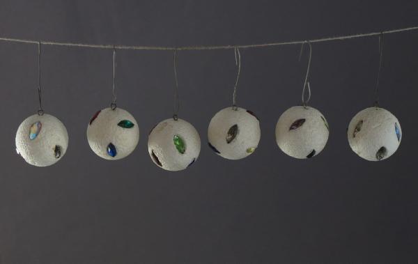 6 Styrofoam Balls with glass gems, ca.1960
