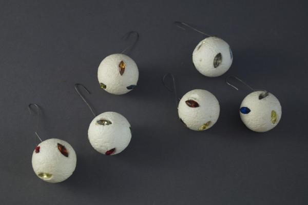 6 Styrofoam Balls with glass gems, ca.1960