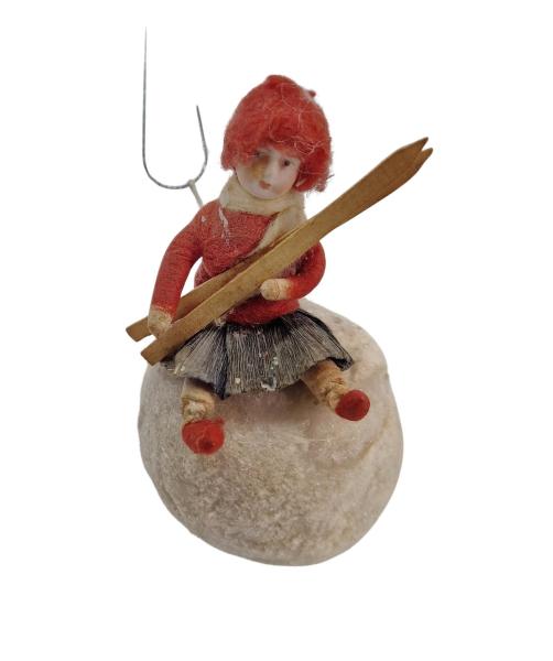 Heubach Spun Cotton Girl with Ski on snow ball, ca. 1900