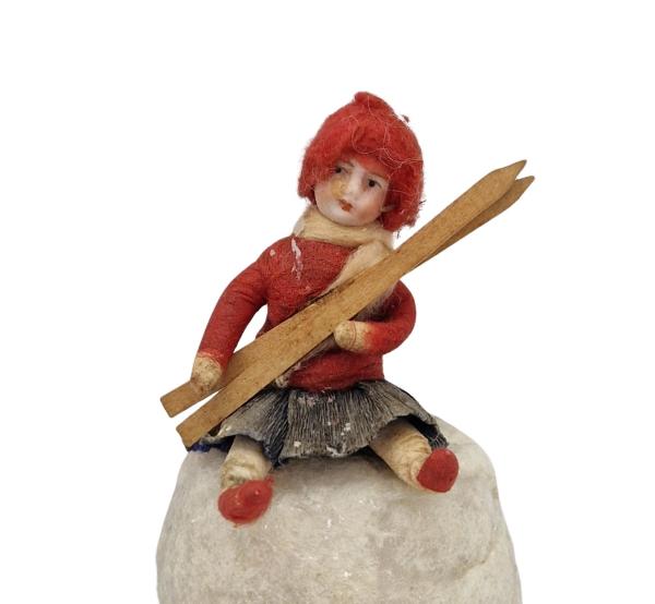 Heubach Spun Cotton Girl with Ski on snow ball, ca. 1900