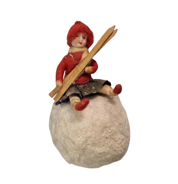 Heubach Spun Cotton Girl with Ski on snow ball, ca. 1900