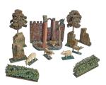 Antike Grulicher Krippendekoration, Ruine, 5 Schafe, Holz um 1900